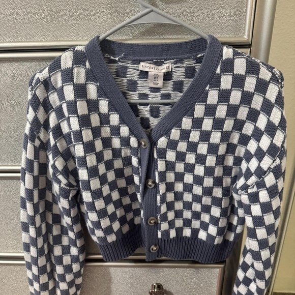 INC International Concepts Navy and White Checkered Cardigan - Picture 1 of 2